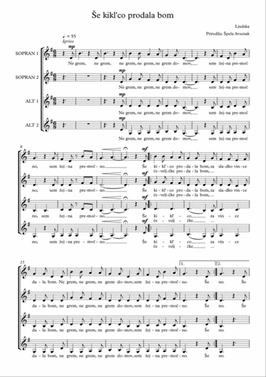 Še kikl'co prodala bom Choir scores gallery preview page 1