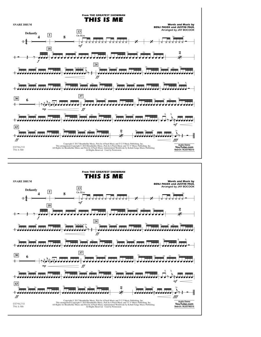 This Is Me (from The Greatest Showman) - Snare Drum Percussion scores gallery preview page 1