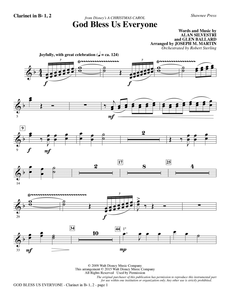 God Bless Us Everyone (from Disney's A Christmas Carol) - Bb Clarinet 1 & 2 Choir scores gallery preview page 1