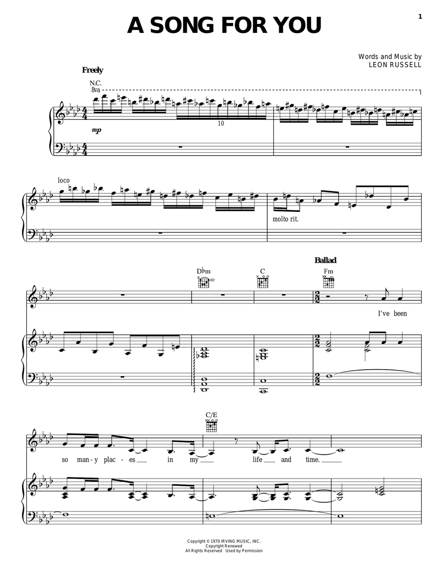 A Song For You Piano, Vocal, Guitar scores gallery preview page 1