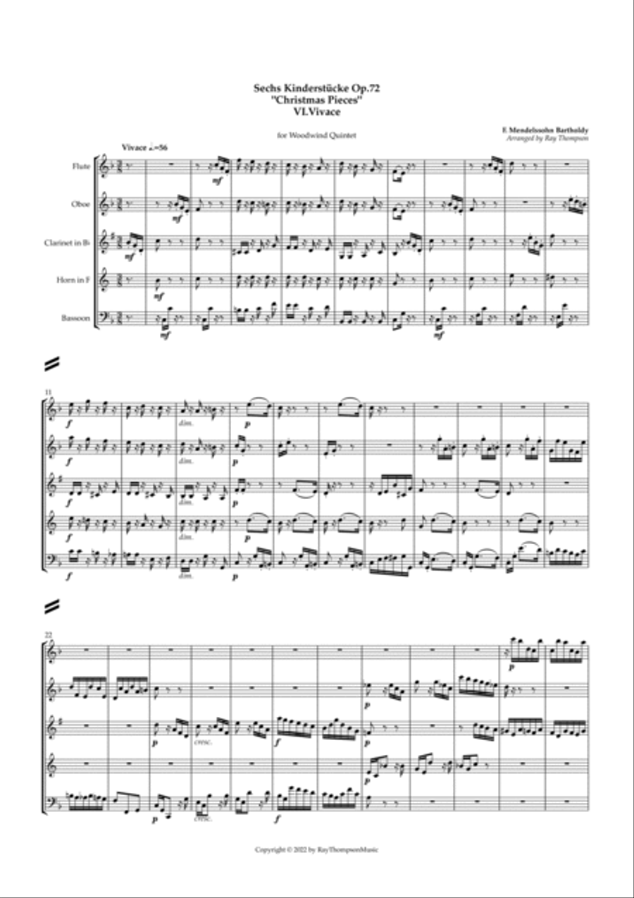 Mendelssohn: Sechs Kinderstücke (6 Christmas Pieces) Op.72 No.6 of 6 Vivace - wind quintet Woodwind Quintet scores gallery preview page 2