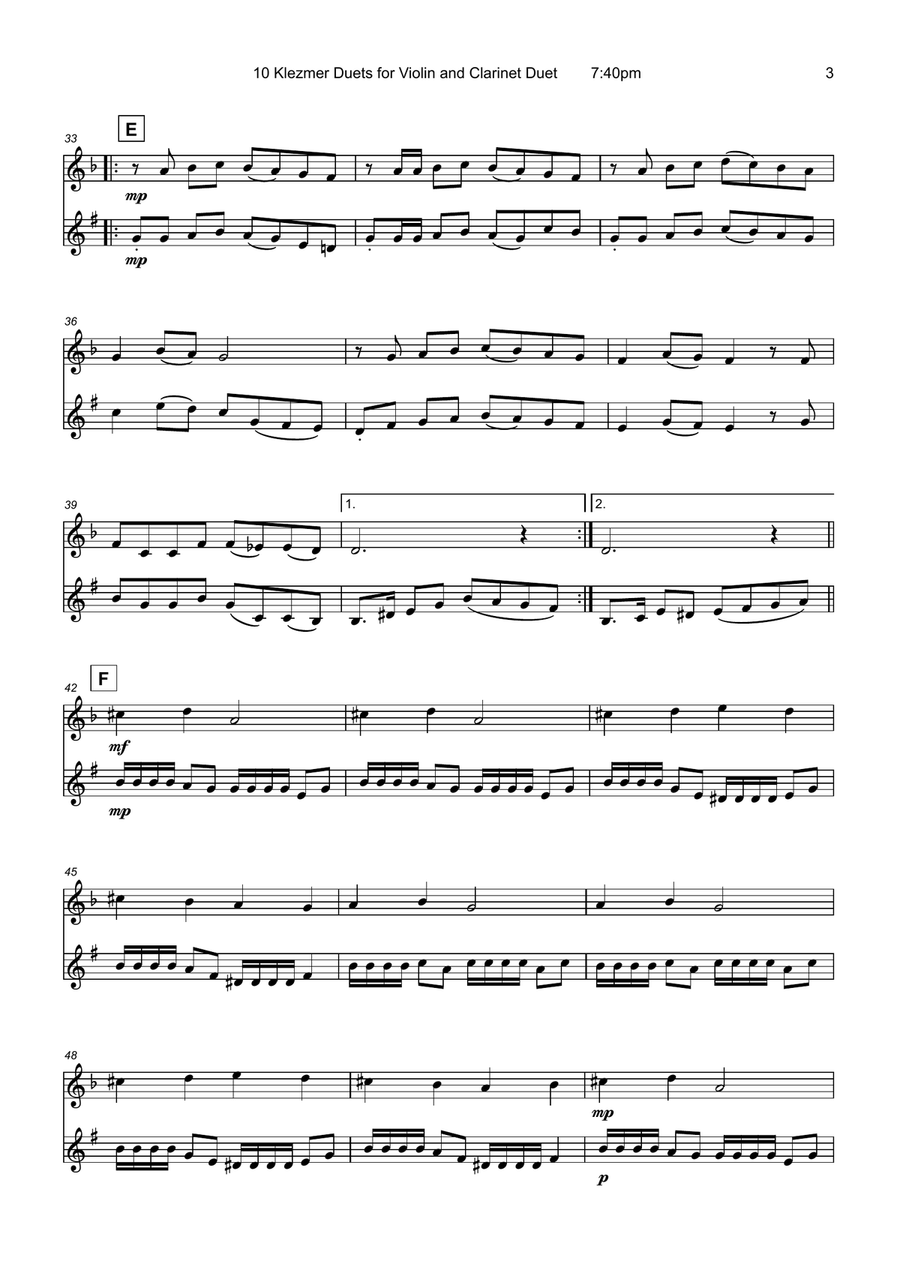 10 Klezmer Duets for Violin and Clarinet Clarinet scores gallery preview page 5