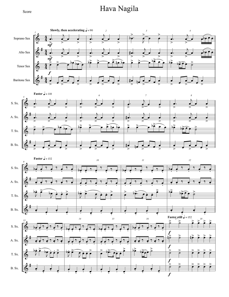 Hava Nagila for Saxophone Quartet (SATB) Score scores gallery preview page 1