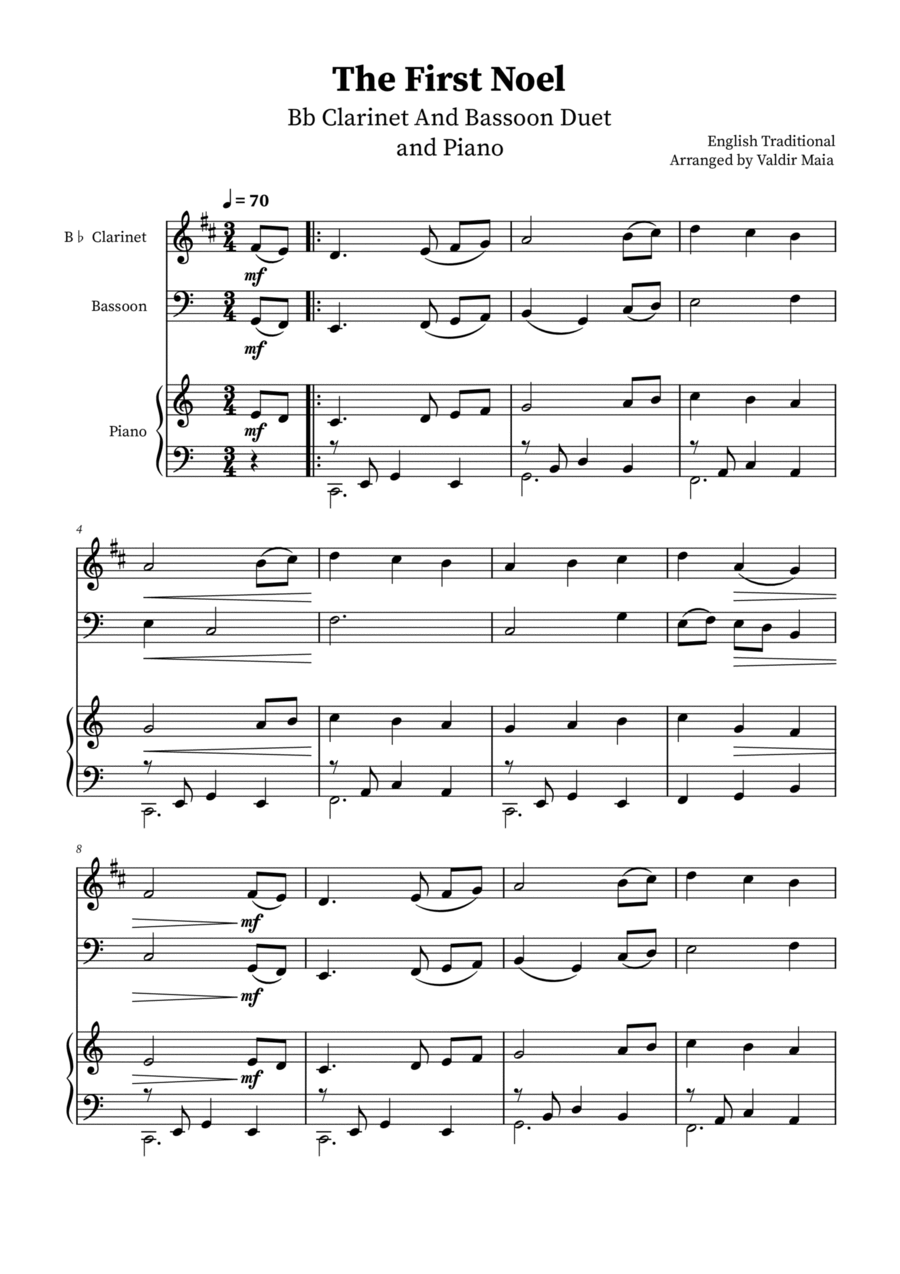 The First Noel - B-flat Clarinet and Bassoon Duet and Piano Woodwind Duet scores gallery preview page 1