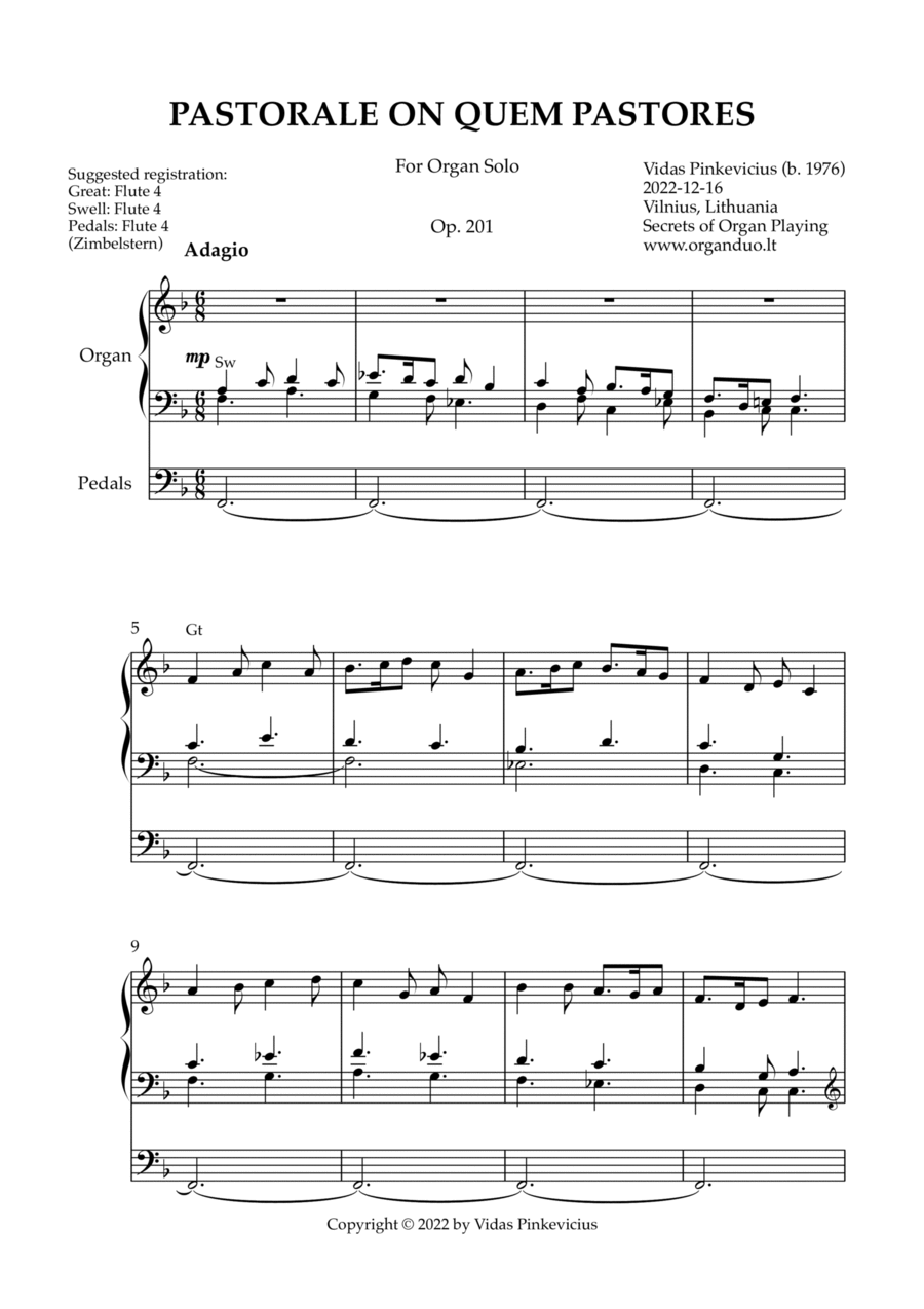 Pastorale on Quem Pastores, Op. 201 (Organ Solo) by Vidas Pinkevicius Organ Solo scores gallery preview page 1