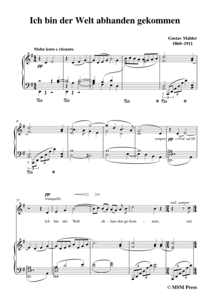 Mahler-Ich bin der Welt abhanden gekommen in G Major,for Voice and Piano image number null