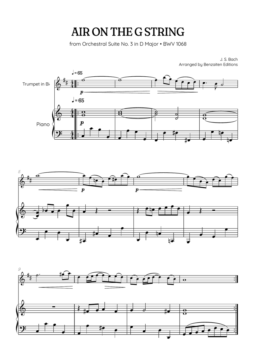 JS Bach • Air on the G String from Suite No. 3 BWV 1068 | trumpet & piano sheet music B-Flat Trumpet scores gallery preview page 1
