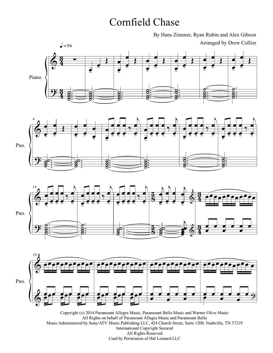 Cornfield Chase from the Paramount Pictures film INTERSTELLAR Piano Solo scores gallery preview page 1