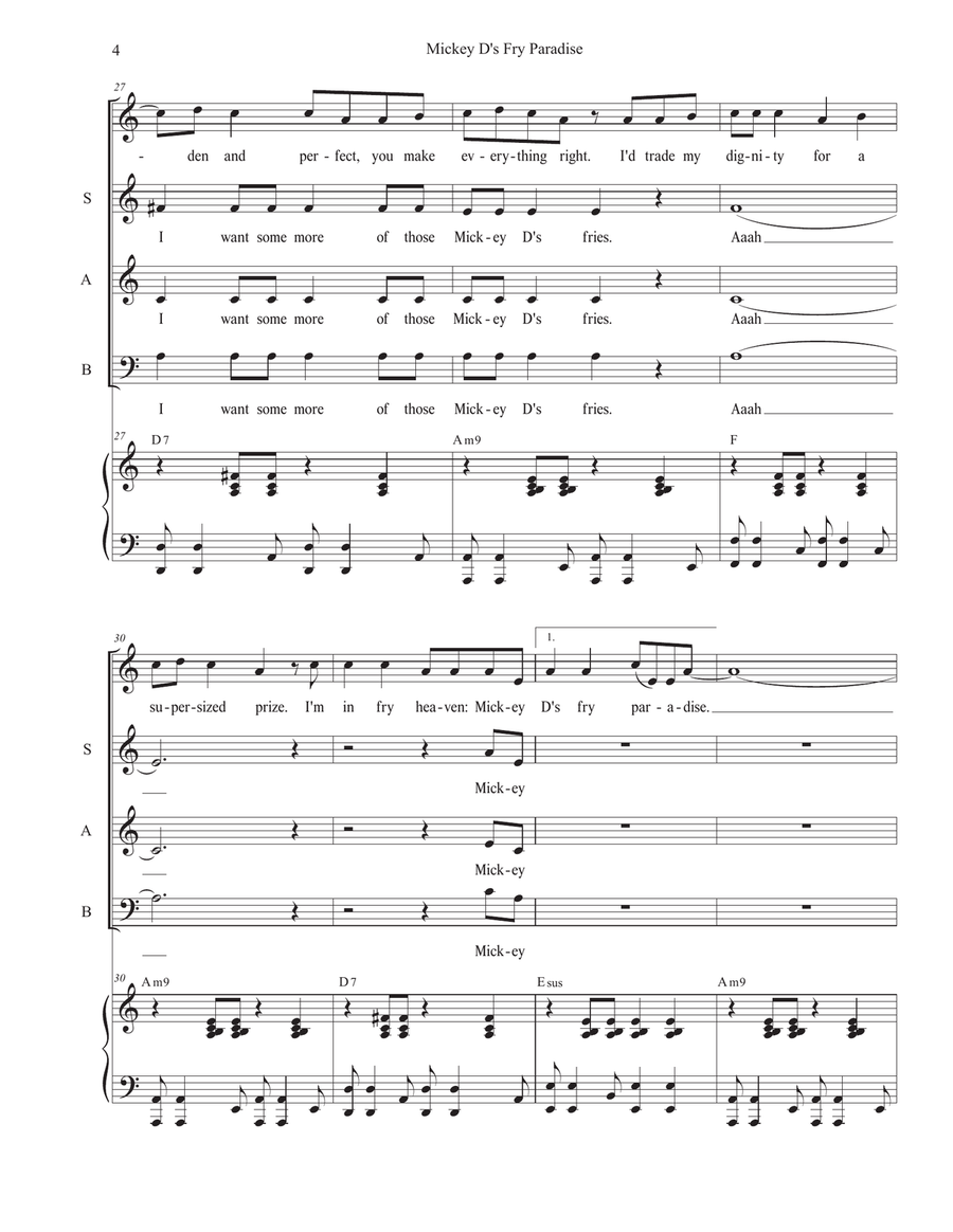 Mickey D's Fry Paradise (Vocal Quartet) Piano, Vocal scores gallery preview page 4