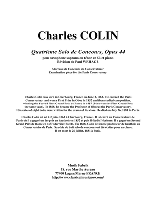 Charles Colin: Quatrième Solo de Concours, Opus 44 arranged for Bb soprano or tenor saxophone and pi
