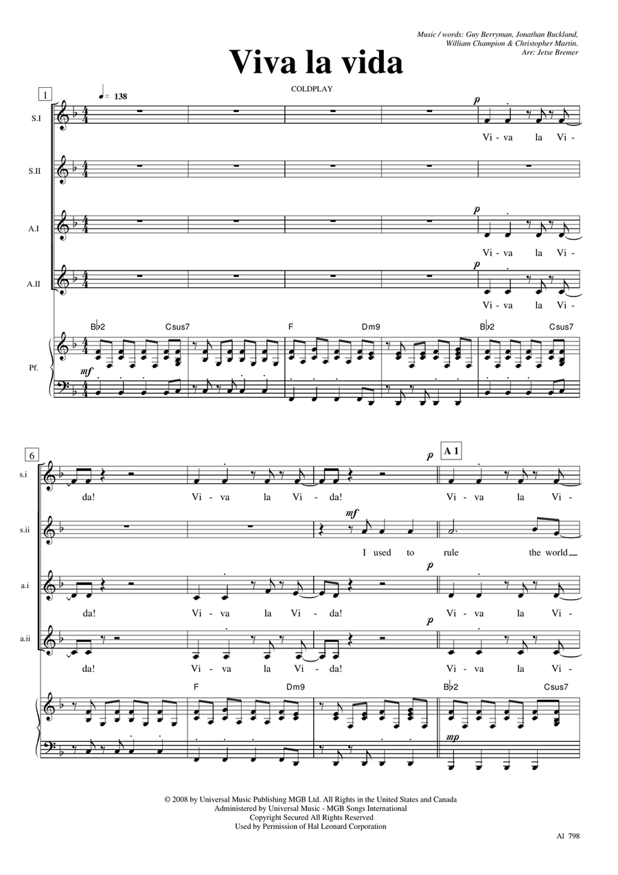 Viva La Vida Viva La Vida SSAA scores gallery preview page 1