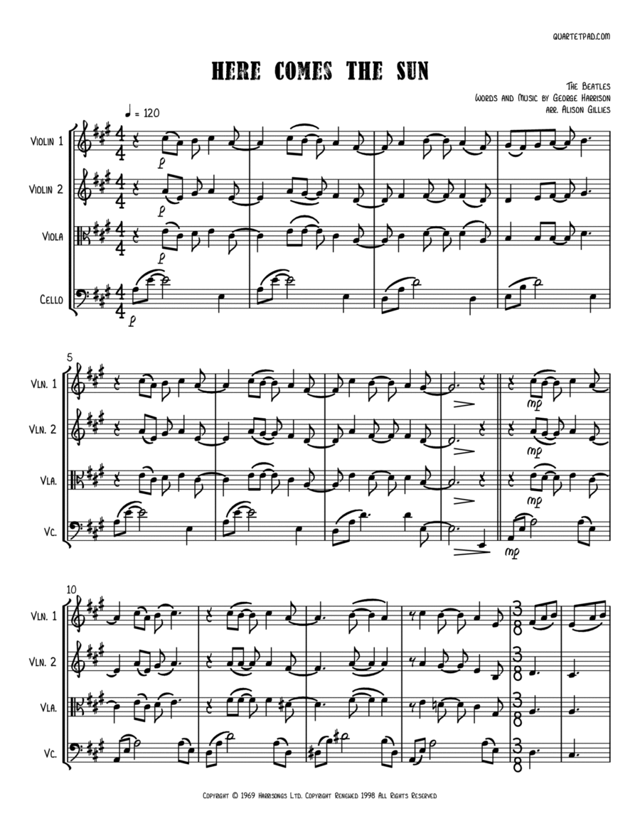 Here Comes The Sun String Quartet scores gallery preview page 1