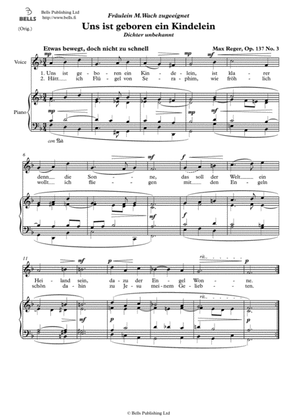 Uns ist geboren ein Kindelein, Op. 137 No. 3 (Original key. F Major)