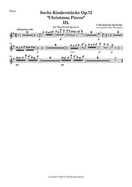 Mendelssohn: Sechs Kinderstücke (6 Christmas Pieces) Op.72 No.3 of 6 Allegretto - wind quintet image number null