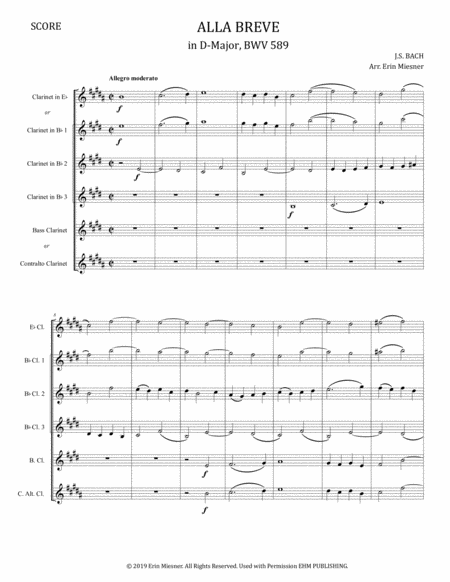 Alla Breve in D-Major, BWV 589 for Clarinet Quartet or Choir