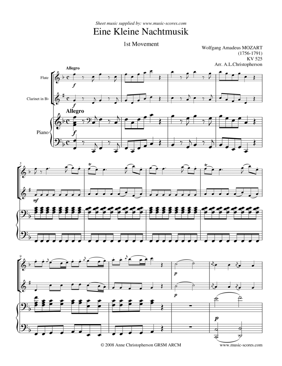 Eine Kleine Nachtmusik - Allegro 1st movement - Flute, Clarinet and Piano