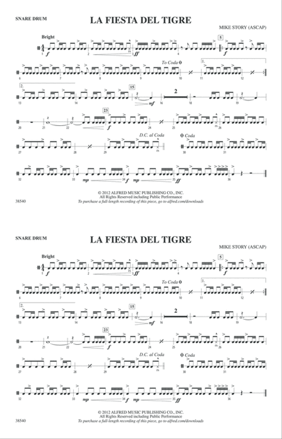 La Fiesta Del Tigre: Snare Drum Marching Band scores gallery preview page 1