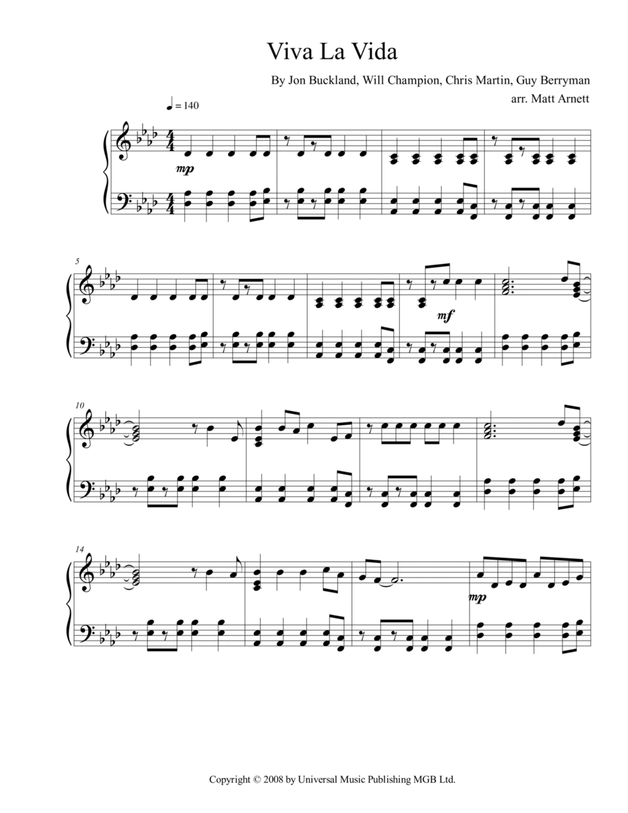 Viva La Vida Piano Solo scores gallery preview page 1