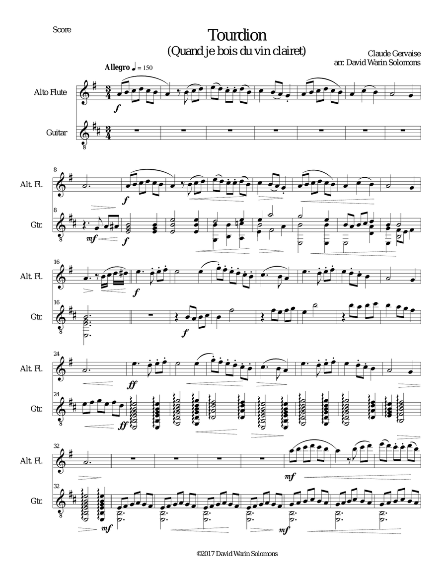 Tourdion (Quand je bois du vin clairet) for alto flute and guitar Flute scores gallery preview page 1
