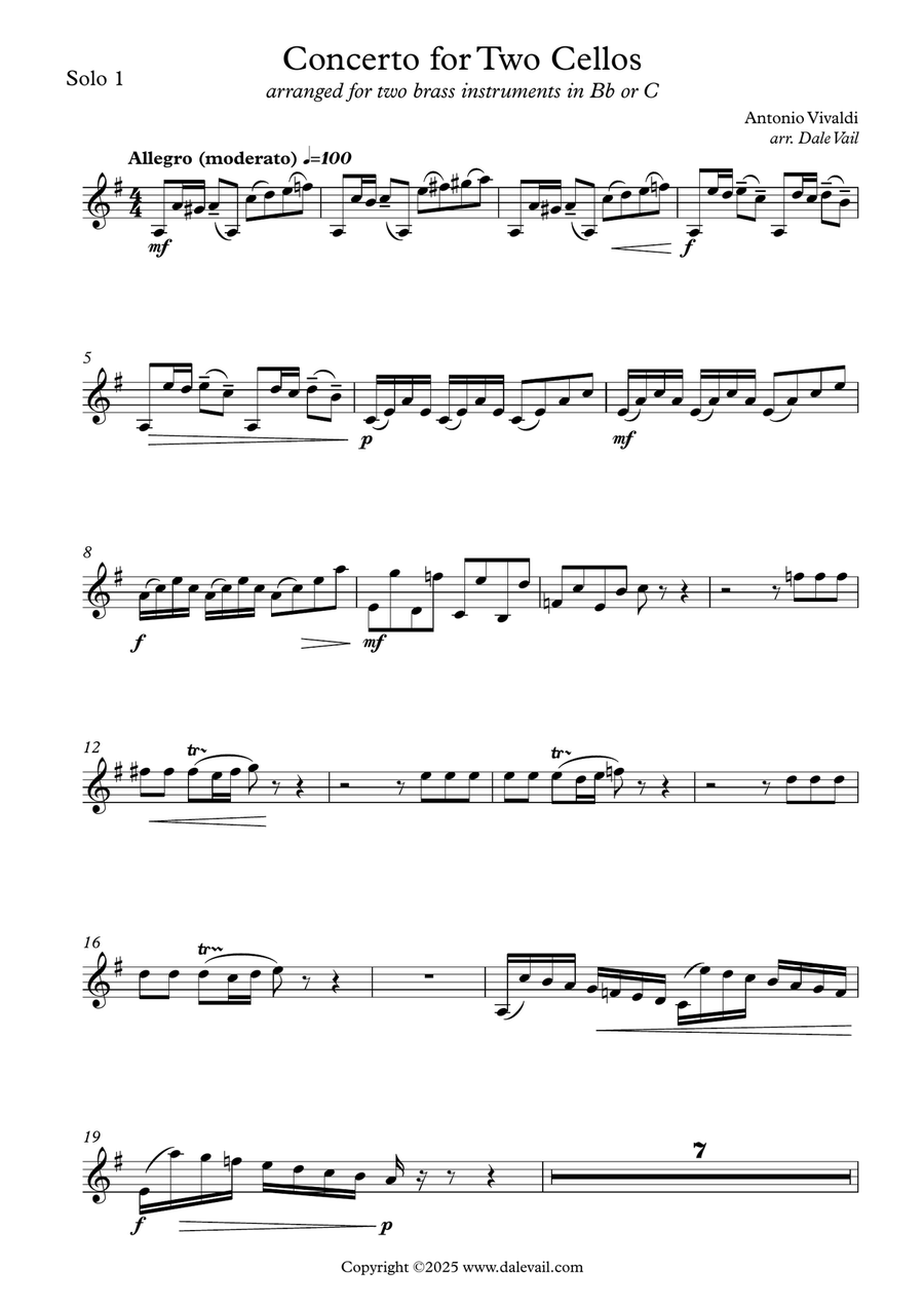 Vivaldi Double Cello Concerto for Two Brass Instruments in Bb Treble clef or C Bass Clef Trombone scores gallery preview page 1