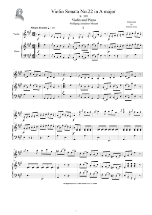 Mozart - Violin Sonata No.22 in A major K 305 for Violin and Piano - Score and Part
