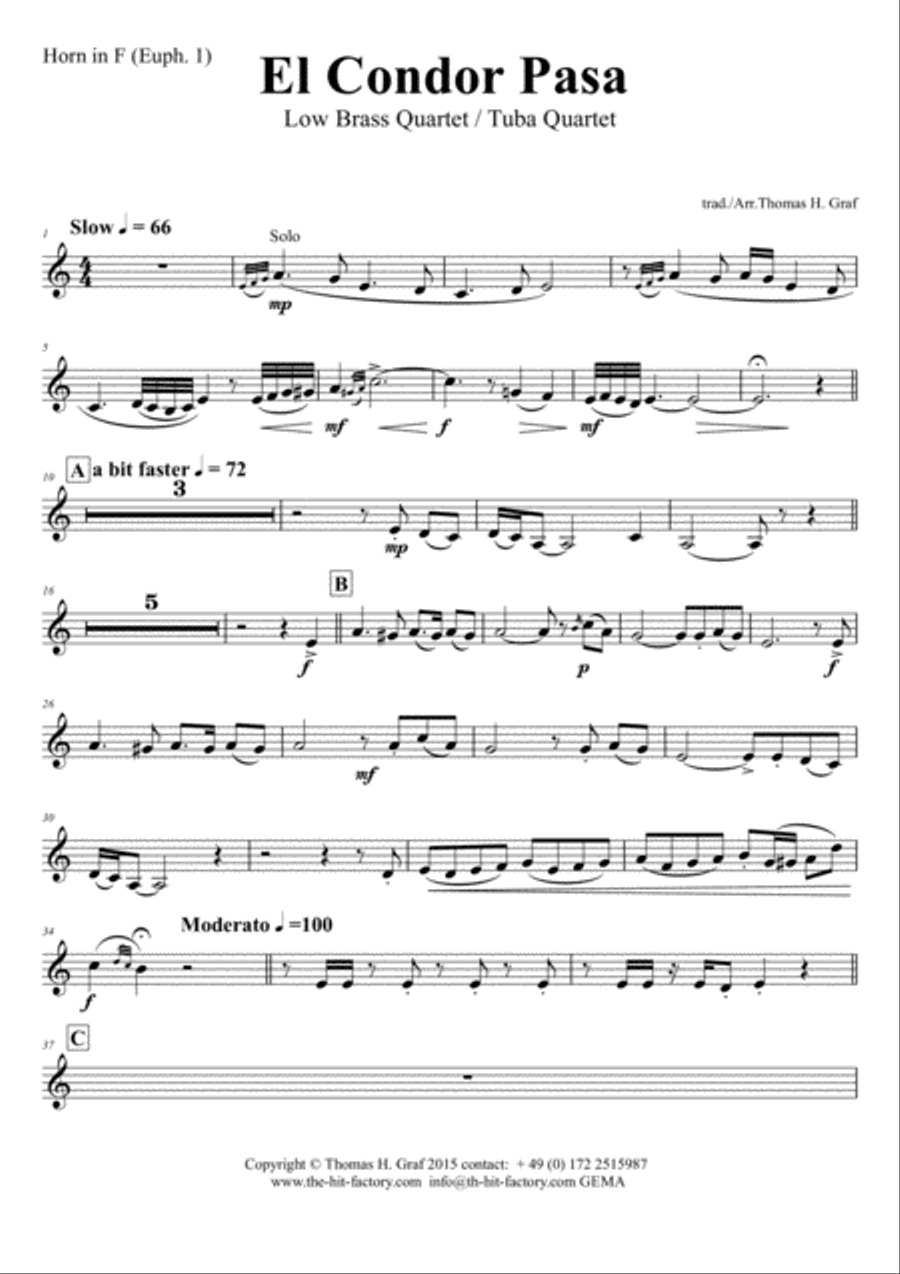 El Condor pasa - Peruvian Folk Song - Low Brass Quartet/Tuba Quartet Brass Quartet scores gallery preview page 4