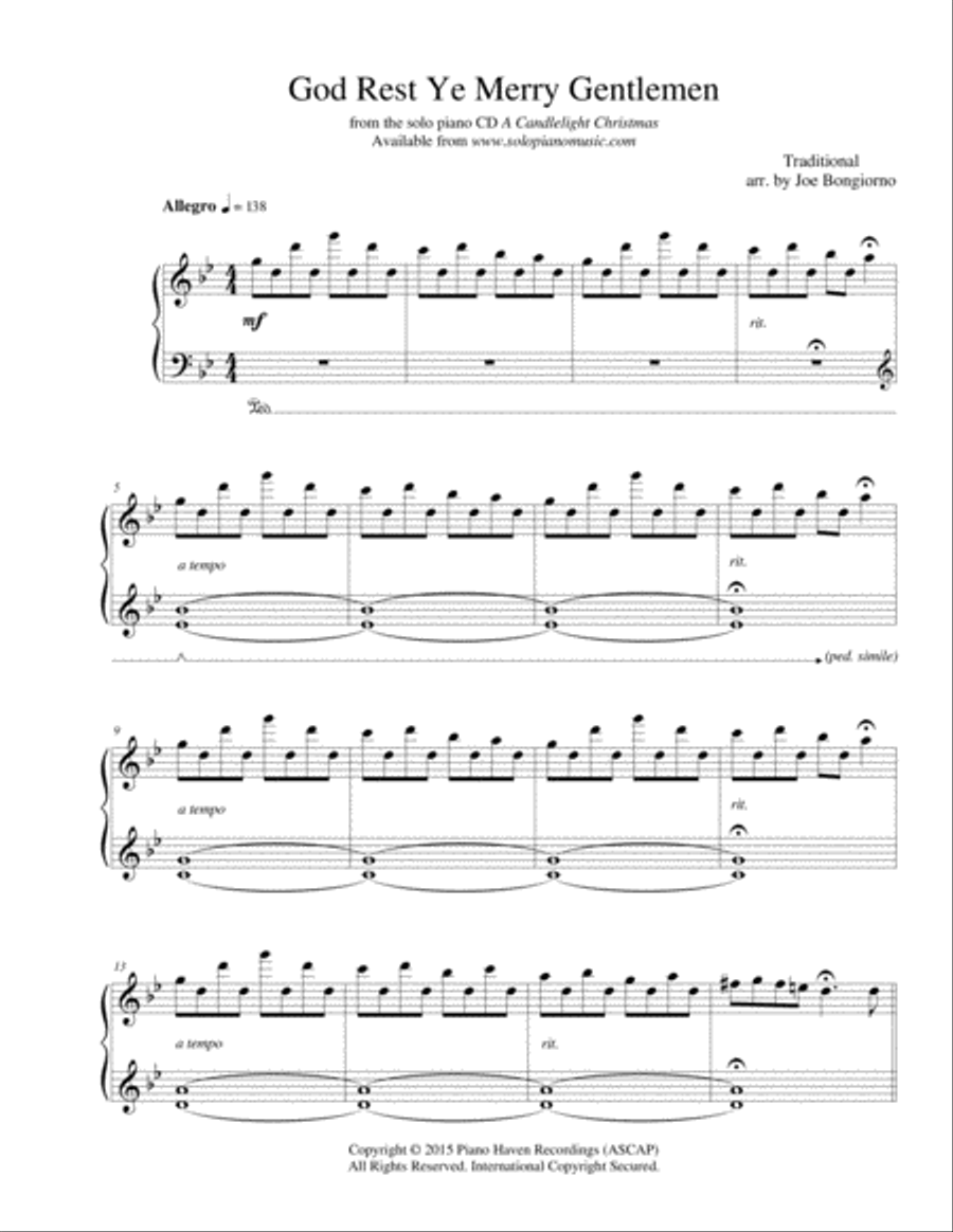 Traditional Christmas - God Rest Ye Merry Gentlemen - by Joe Bongiorno Piano Solo scores gallery preview page 1