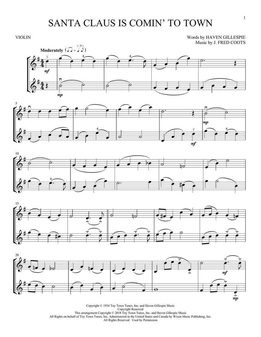 Santa Claus Is Comin' To Town String Duet scores gallery preview page 1