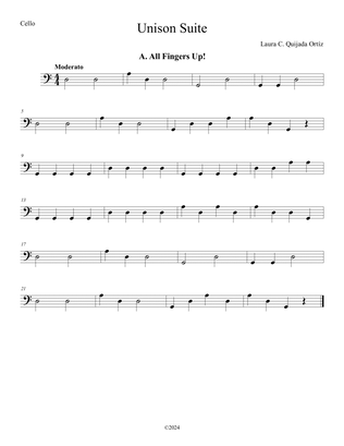 Book cover for All Fingers Up! from Unison Suite. Beginning string orchestra. Open strings. Score & parts.