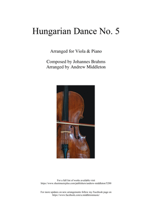 Hungarian Dance No. 5 in G Minor arranged for Viola and Piano