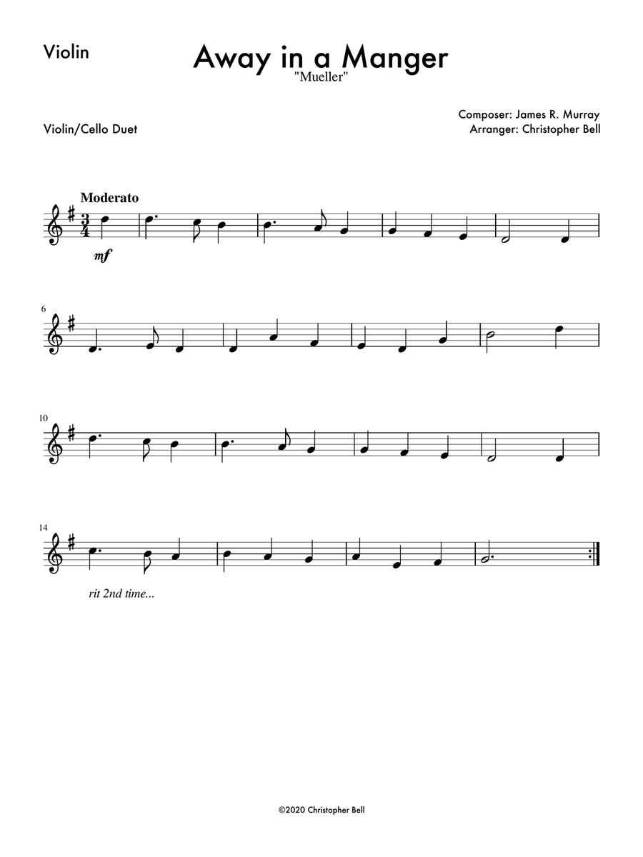 Away In A Manger (Mueller) - Violin/Cello Duet String Duet scores gallery preview page 2