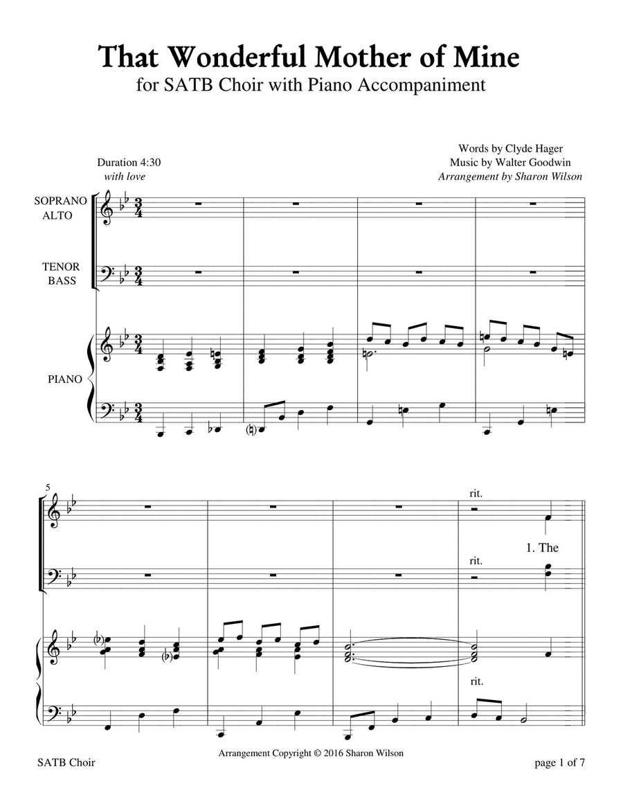 That Wonderful Mother of Mine (for SATB choir with Piano Accompaniment) 4-Part scores gallery preview page 1