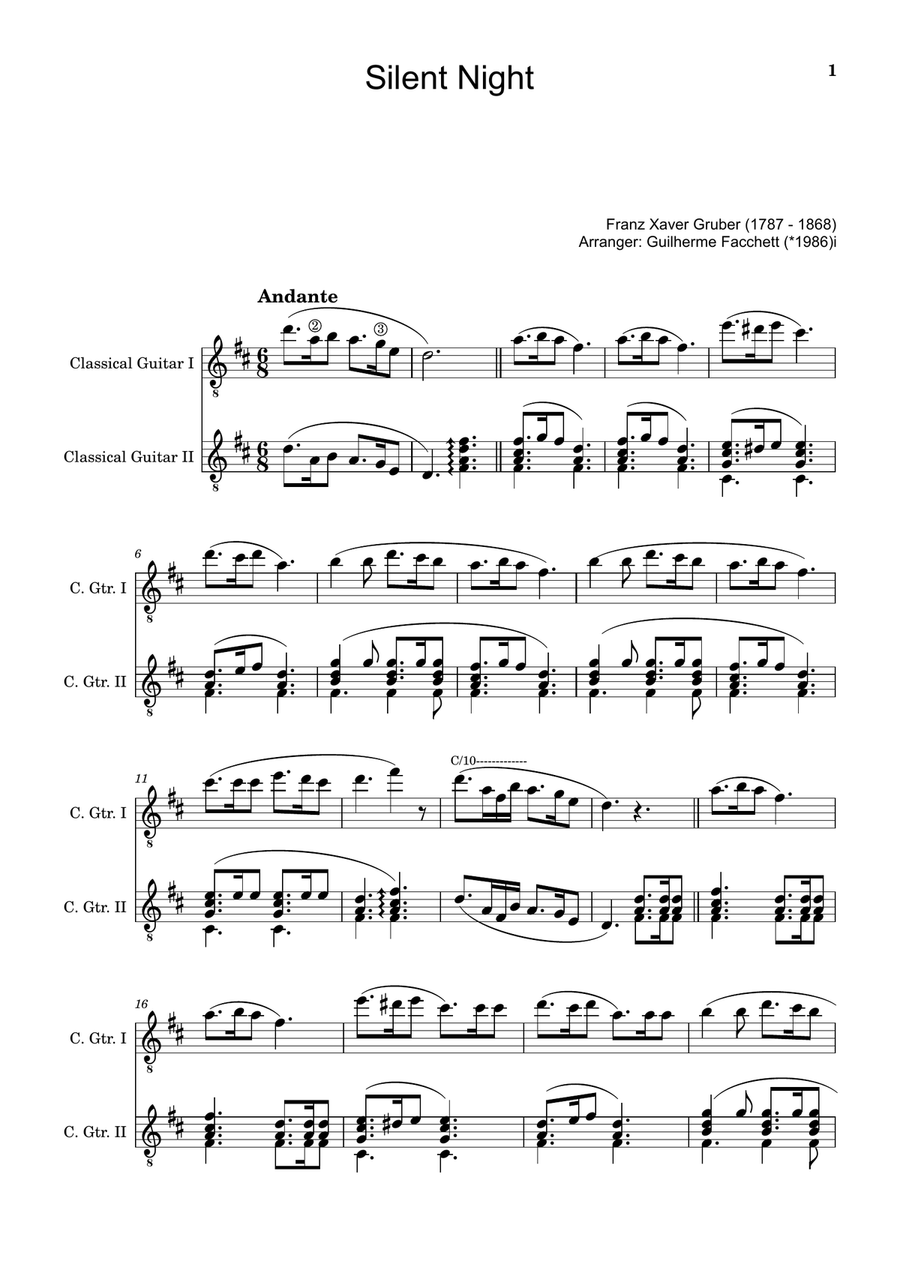 Silent Night - Arranged for Classical Guitar Duet (Score and Parts) Chamber Music scores gallery preview page 1