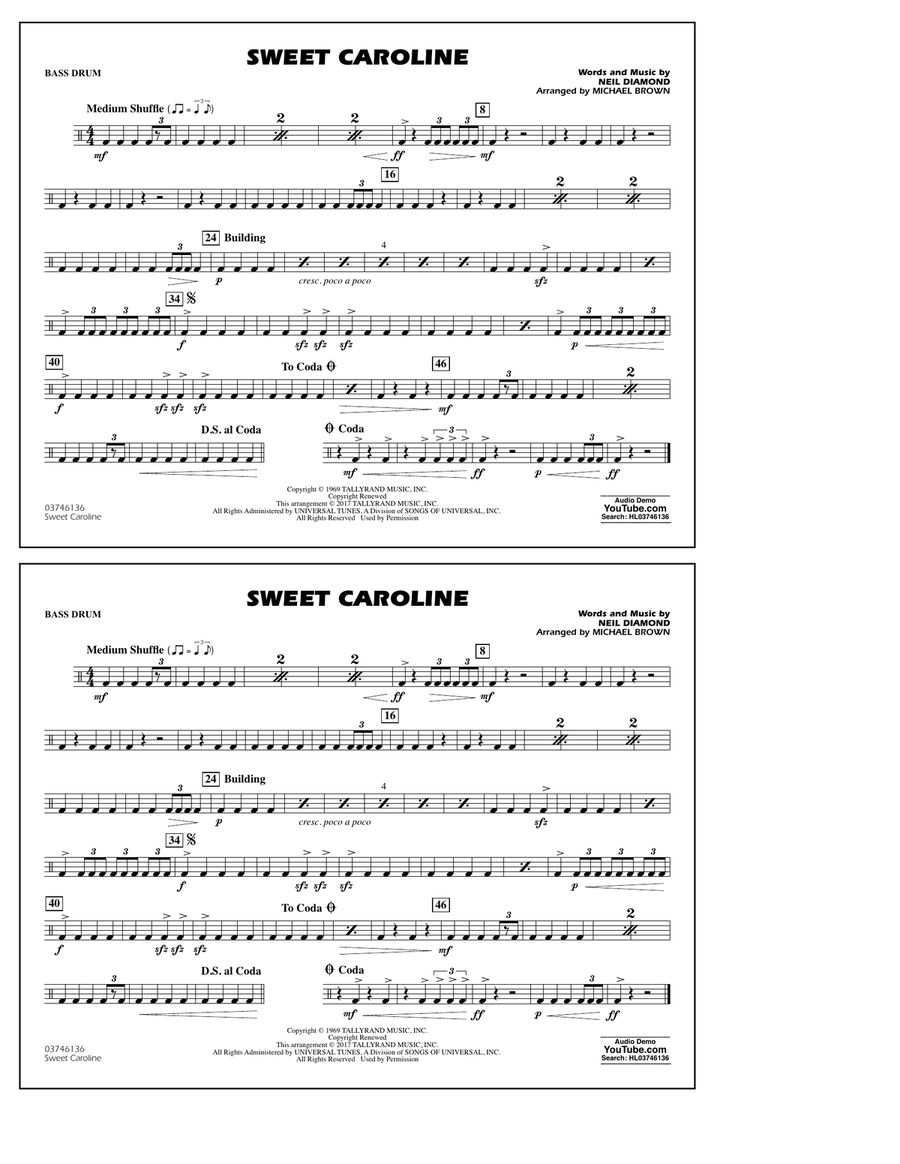 Sweet Caroline - Bass Drum Marching Band scores gallery preview page 1