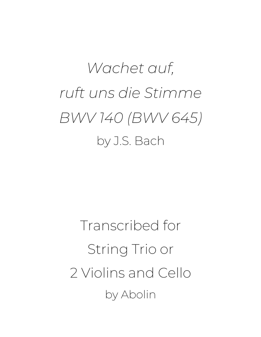 Bach: Wachet auf, BWV 140 (BWV 645) - String Trio (Violin, Viola, Cello), or 2 Violins and Cello String Trio scores gallery preview page 1
