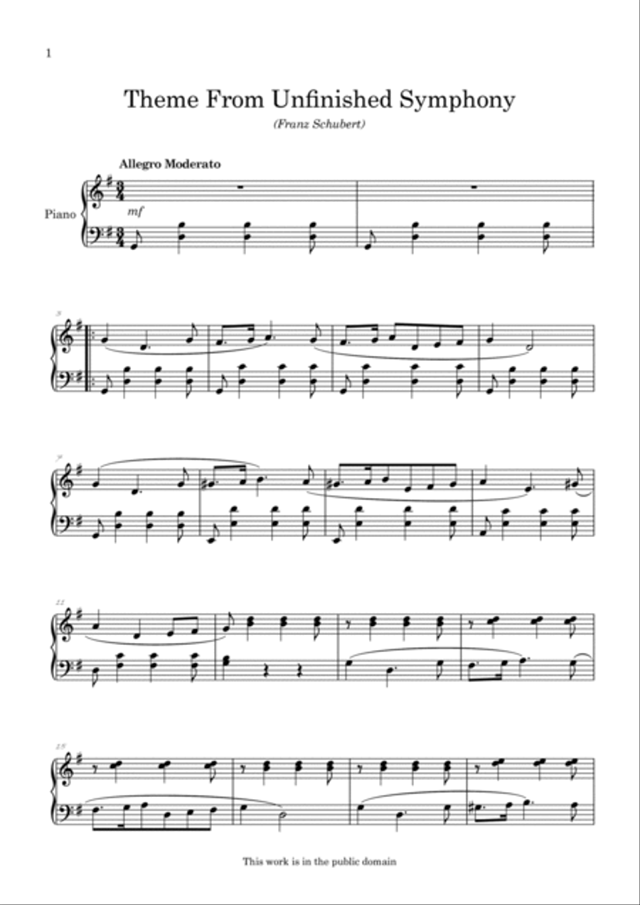 Theme From Schubert's Unfinished Symphony arraned for easy piano Easy Piano scores gallery preview page 2