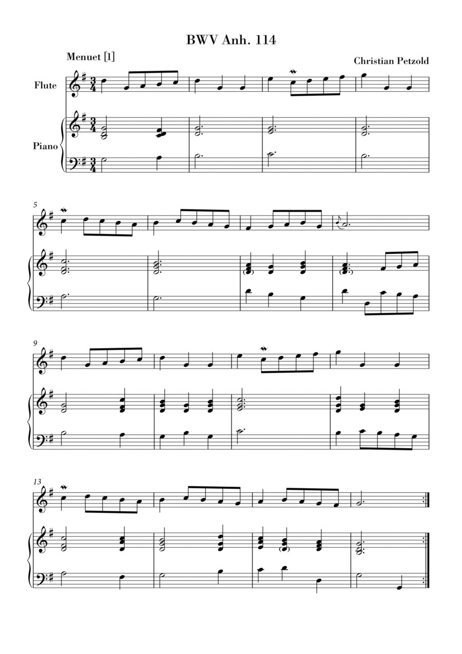 Bach - Minuet in G major and G minor (BWV Anh. 114 - 115) for Flute and Piano Flute Solo scores gallery preview page 1