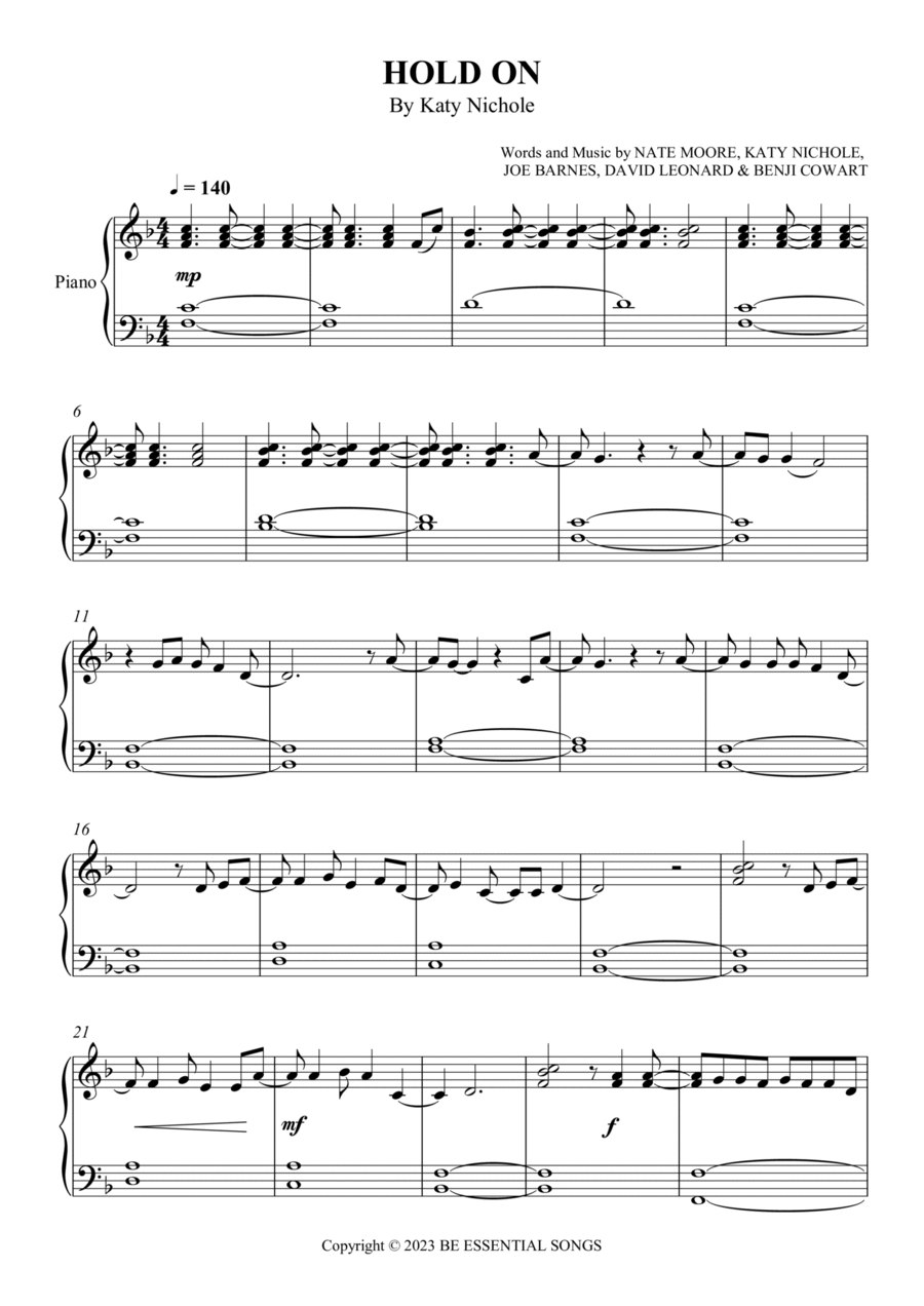 Hold On Piano Solo scores gallery preview page 1