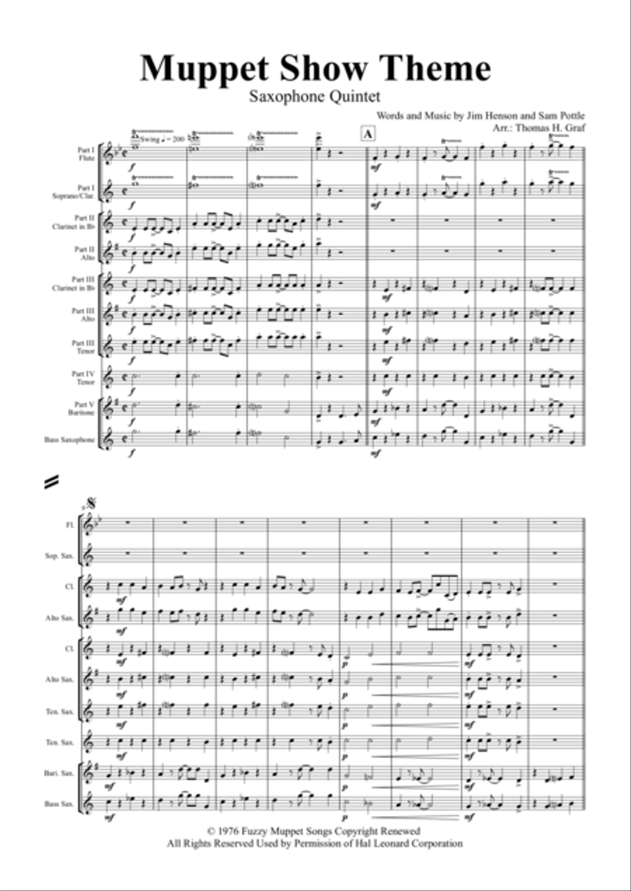 The Muppet Show Theme Saxophone Quintet scores gallery preview page 1