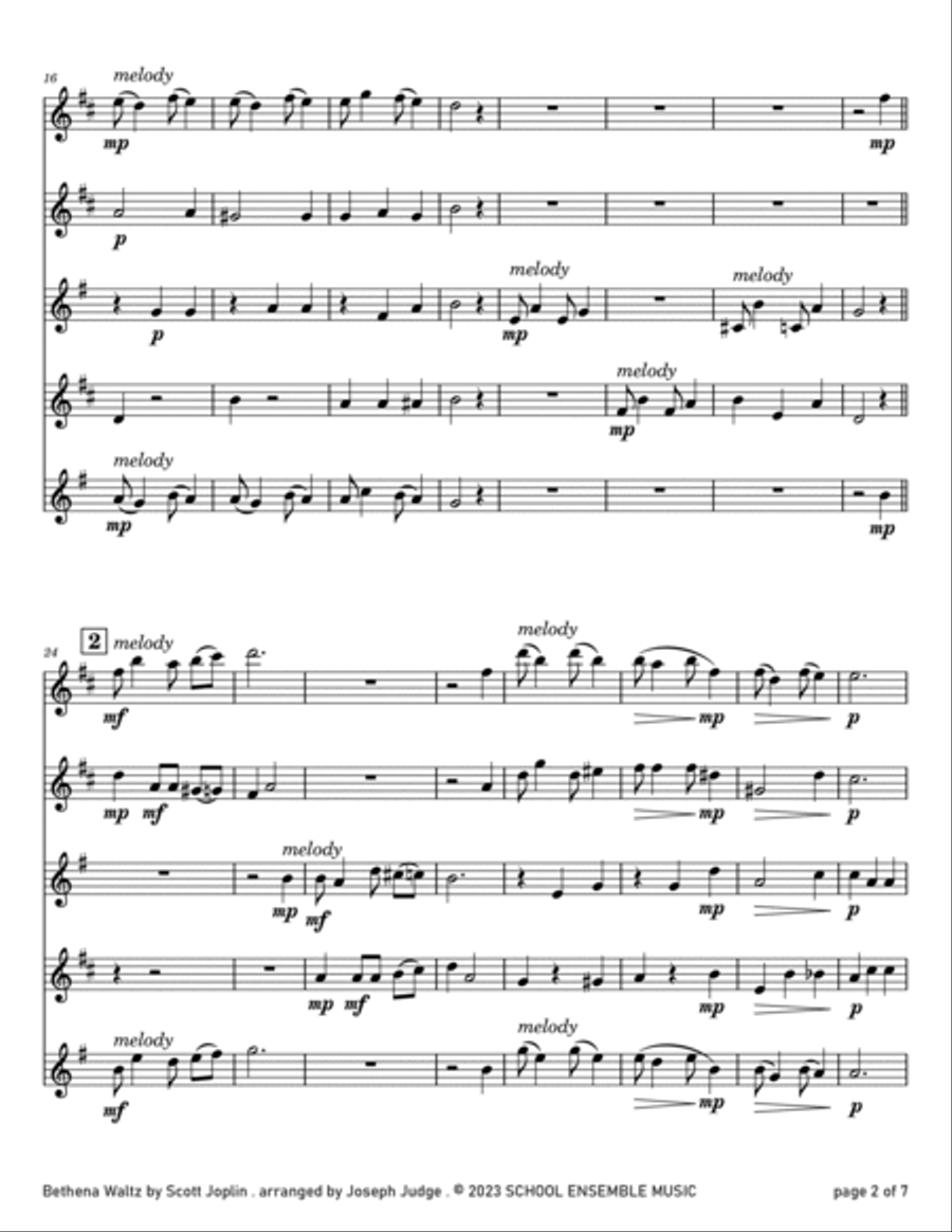 Bethena Waltz by Joplin for Saxophone Quartet in Schools Saxophone Quartet scores gallery preview page 2