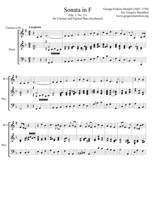 Sonata in F by George Frideric Handel arranged for Clarinet in Bb and keyboard (piano)