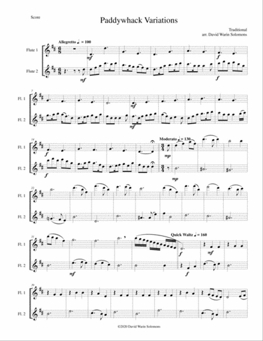Variations for 2 flutes on the Irish folk tune Paddywhack Flute Duet scores gallery preview page 1