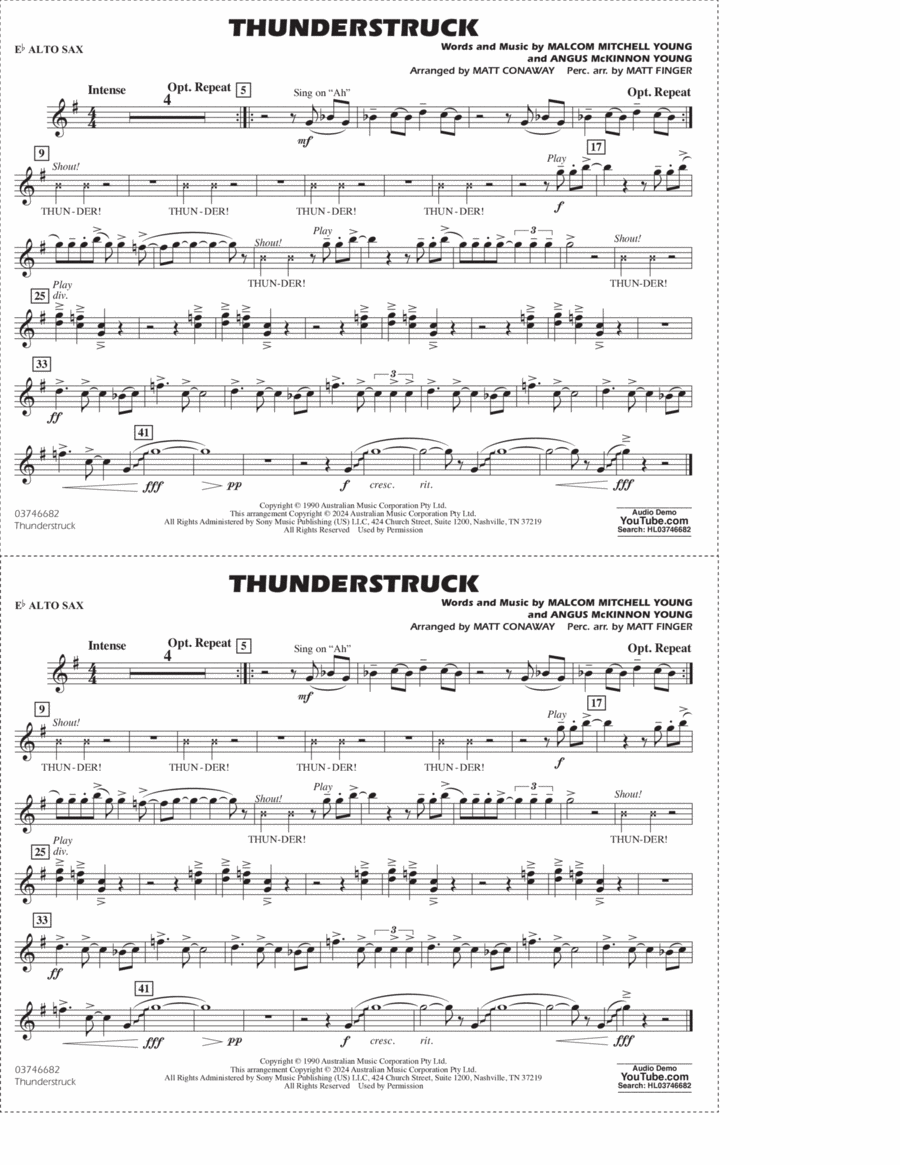 Thunderstruck (arr. Matt Conaway) - Eb Alto Sax Marching Band scores gallery preview page 1