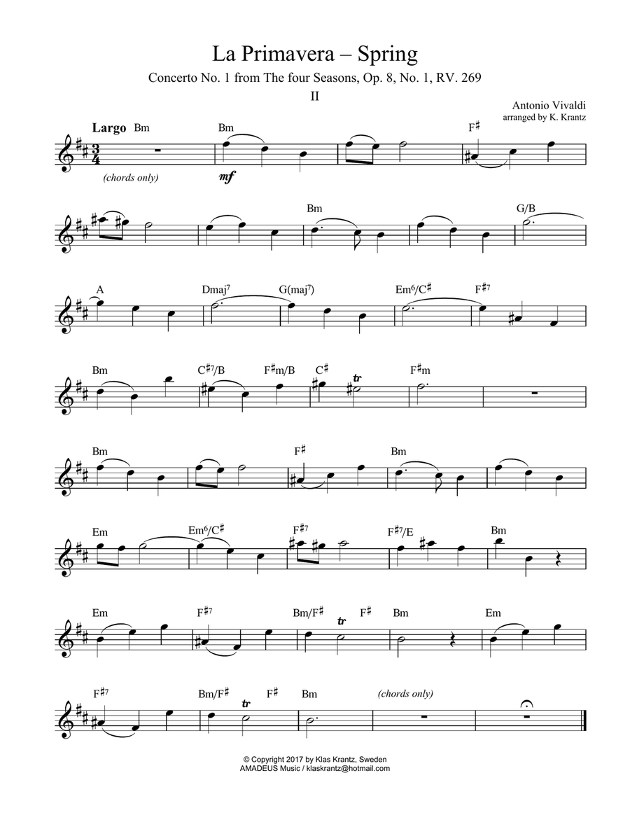 Largo (ii) from La Primavera (Spring) for solo with guitar chords (lead sheet) Small Ensemble scores gallery preview page 1