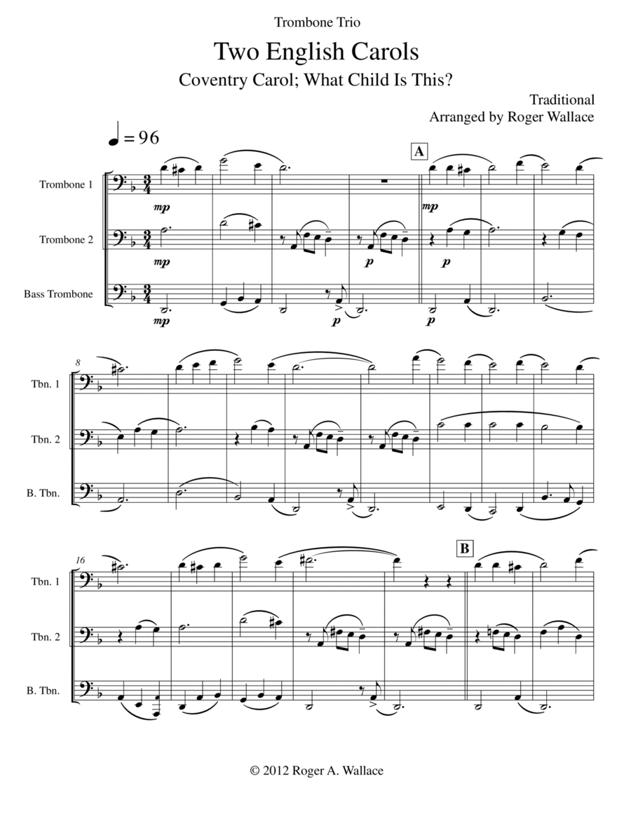 Two English Carols (Coventry Carol; What Child Is This?) - Low Brass Trio Brass Trio scores gallery preview page 1