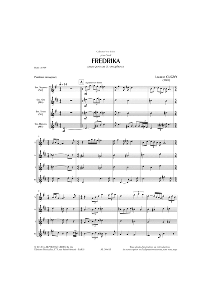 Fredrika (6'40'') (8e) (collection Vent De Sax) Pour Quatuor De Saxophones (satb