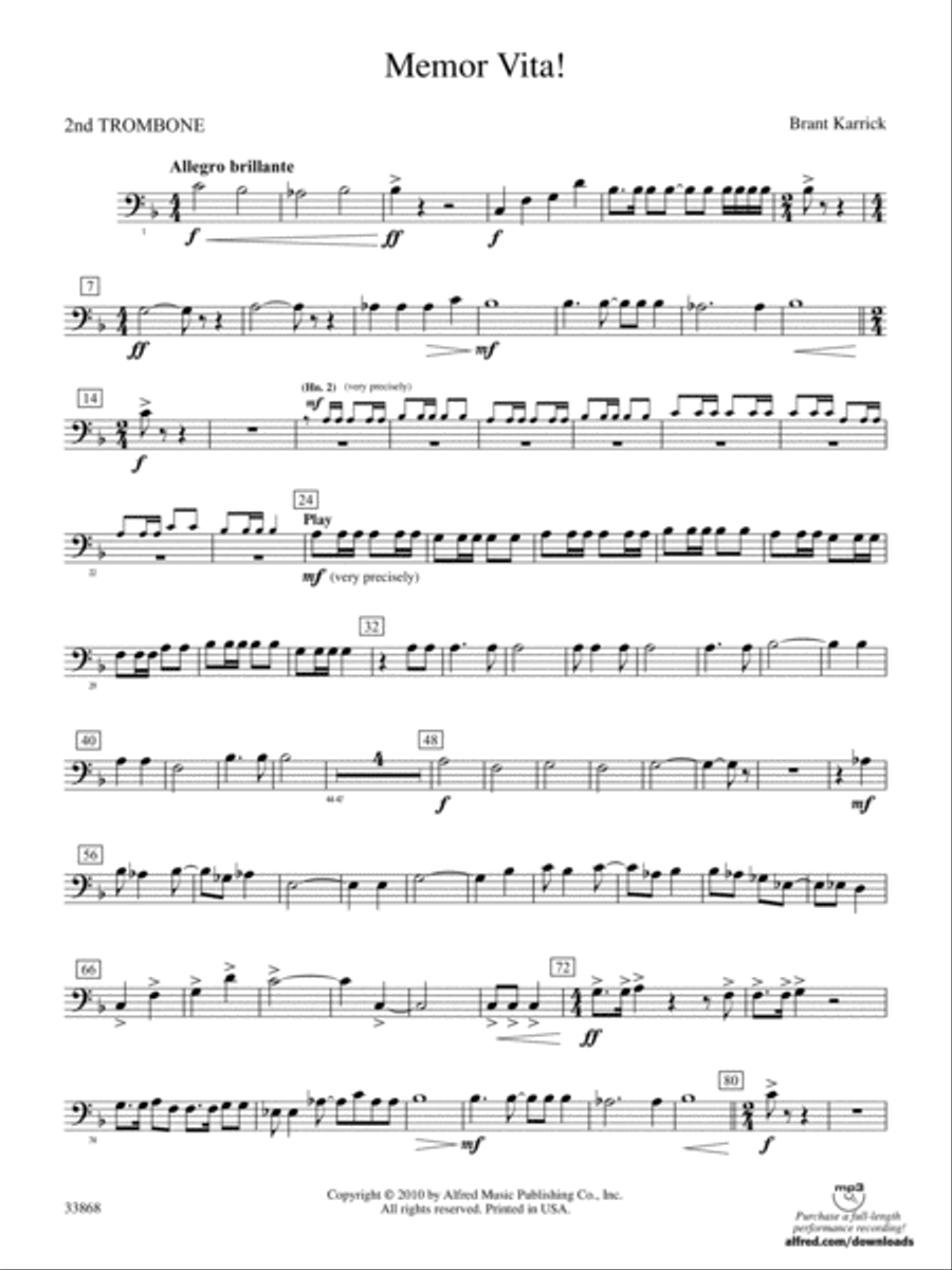 Memor Vita!: 2nd Trombone Concert Band scores gallery preview page 1