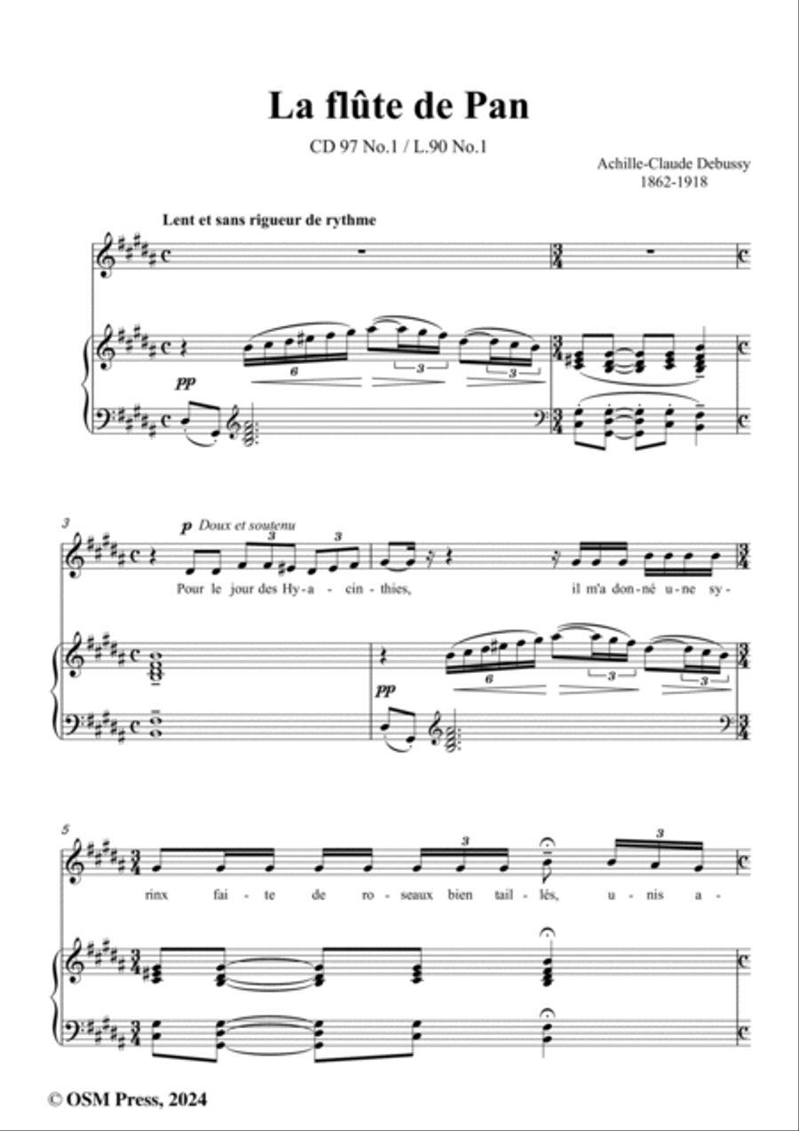 Debussy-La flûte de Pan(Pour le jour des Hyacinthies),CD 97 No.1(L.90 No.1),in B Major Voice scores gallery preview page 2