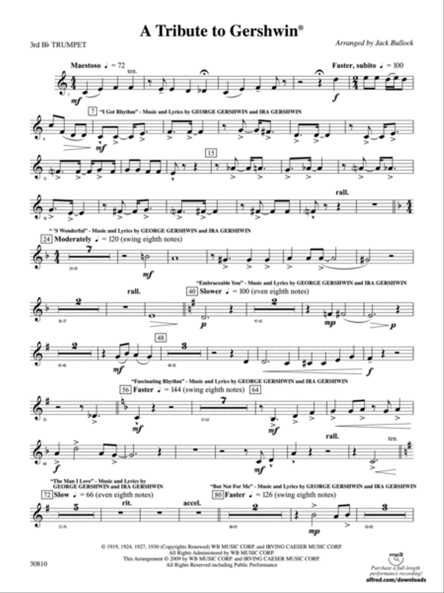 A Tribute to Gershwin: 3rd B-flat Trumpet Concert Band scores gallery preview page 1