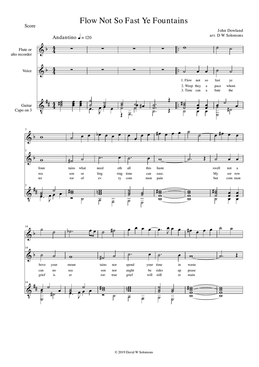 Flow not so fast ye fountains for medium or high voice, flute (or recorder) and guitar Flute scores gallery preview page 1